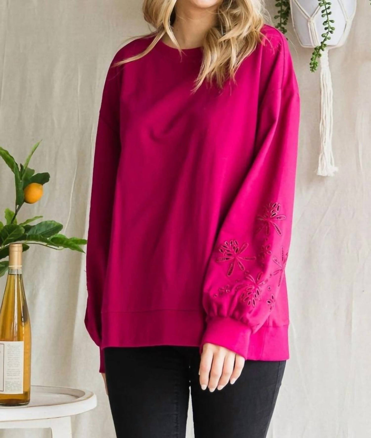 Cotton Bleu - Embroidery Sleeve Cotton Terry Pullover Top