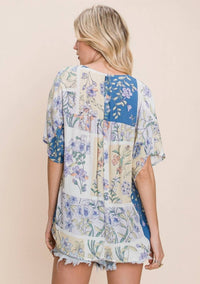 Cotton Bleu - Floral V - Neck Top - blouses - blue - clothing