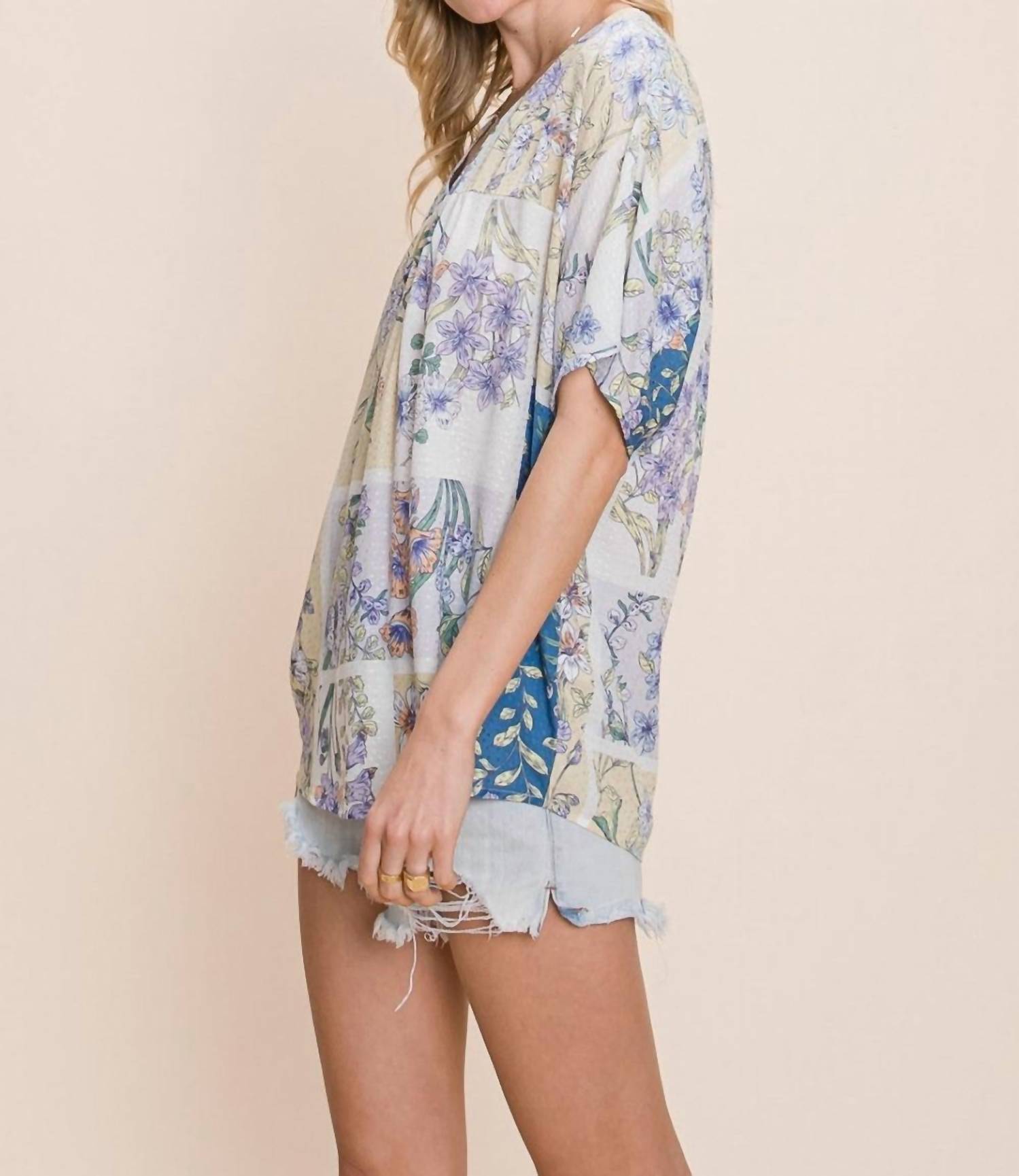Cotton Bleu - Floral V - Neck Top - blouses - blue - clothing