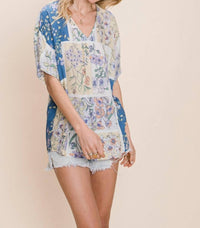 Cotton Bleu - Floral V - Neck Top - blouses - blue - clothing