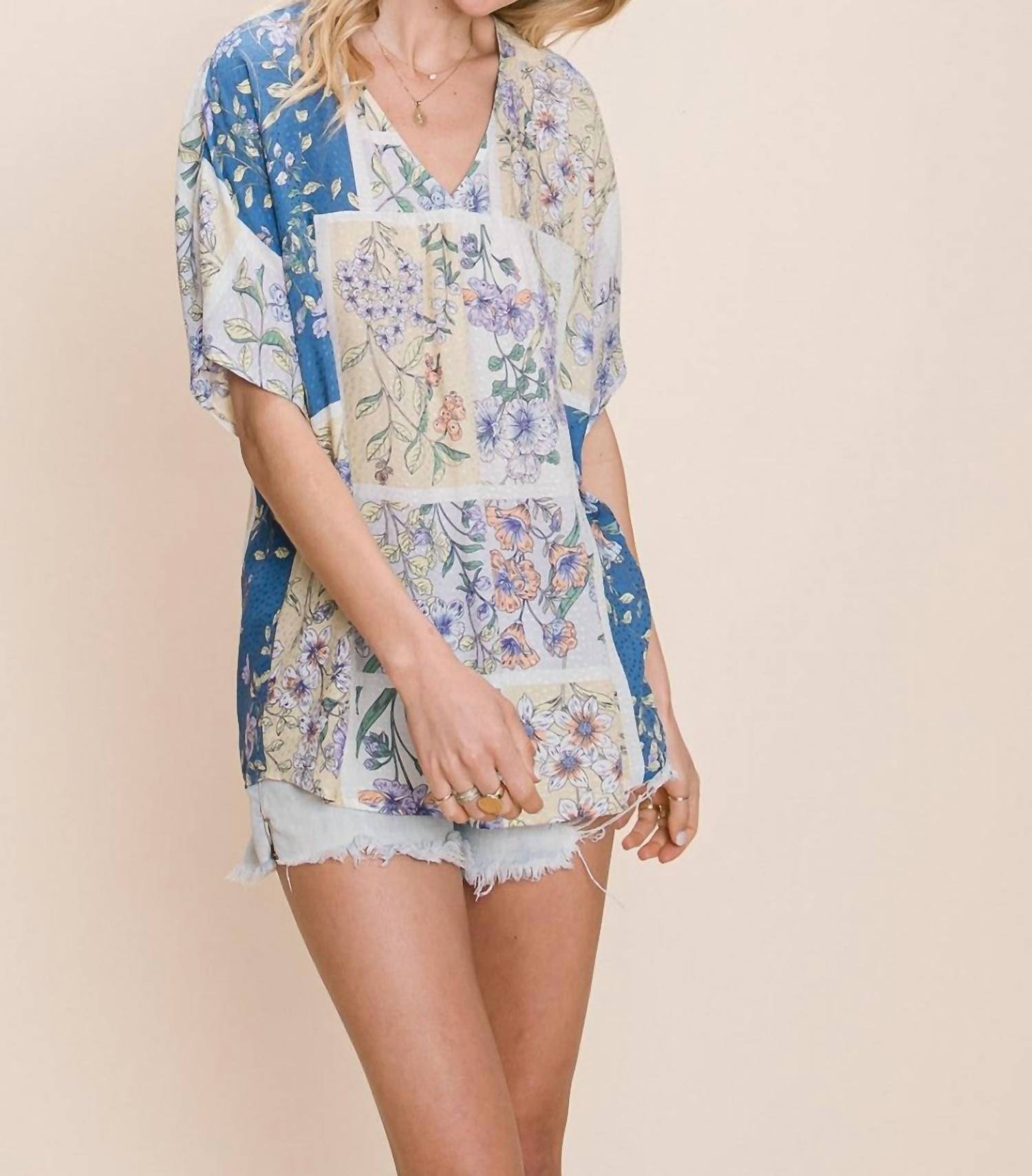 Cotton Bleu - Floral V - Neck Top - blouses - blue - clothing