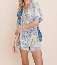 Cotton Bleu - Floral V - Neck Top - blouses - blue - clothing