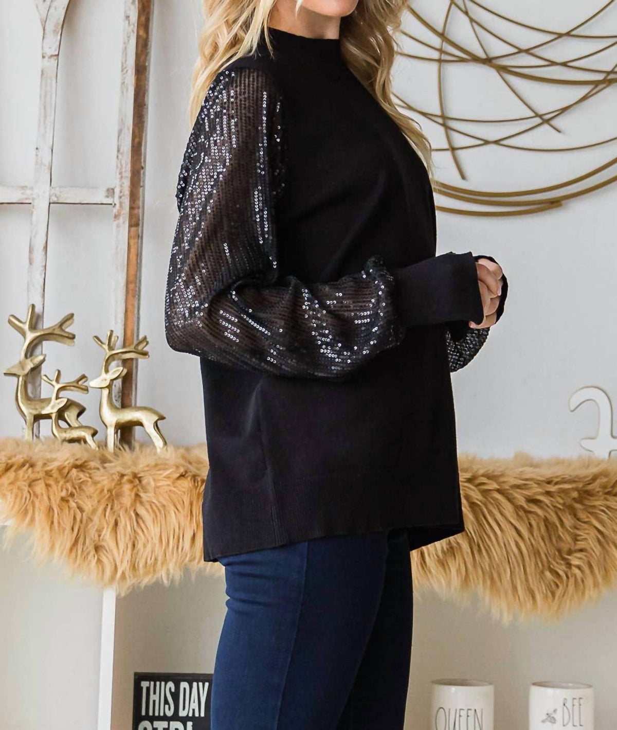 Cotton Bleu - Sequined Sleeve Sweater