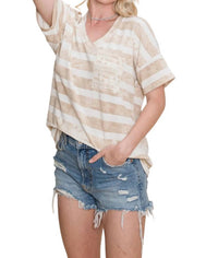 Cotton Bleu - Striped Pocket Top - beige - clothing - polyester