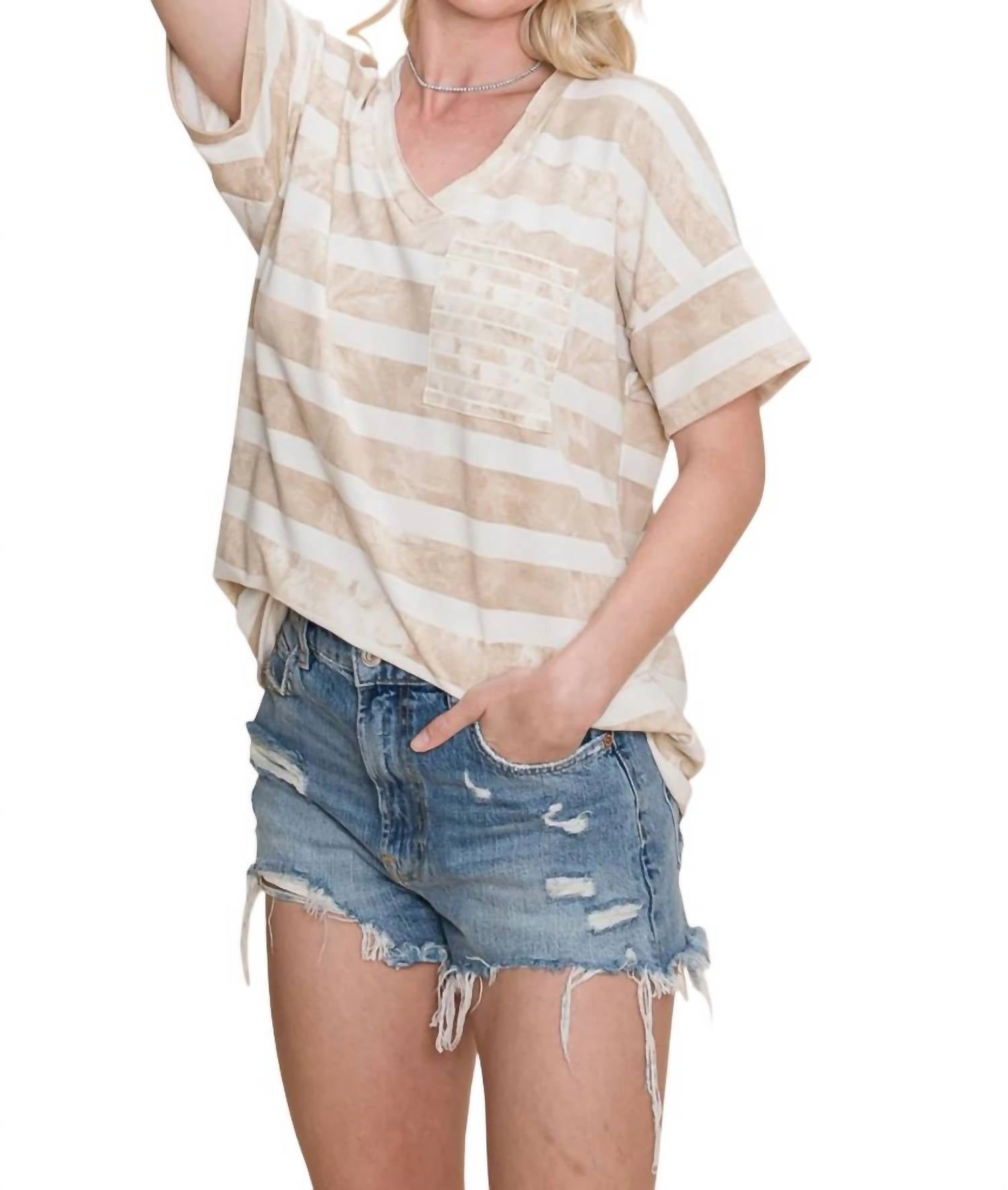 Cotton Bleu - Striped Pocket Top - beige - clothing - polyester
