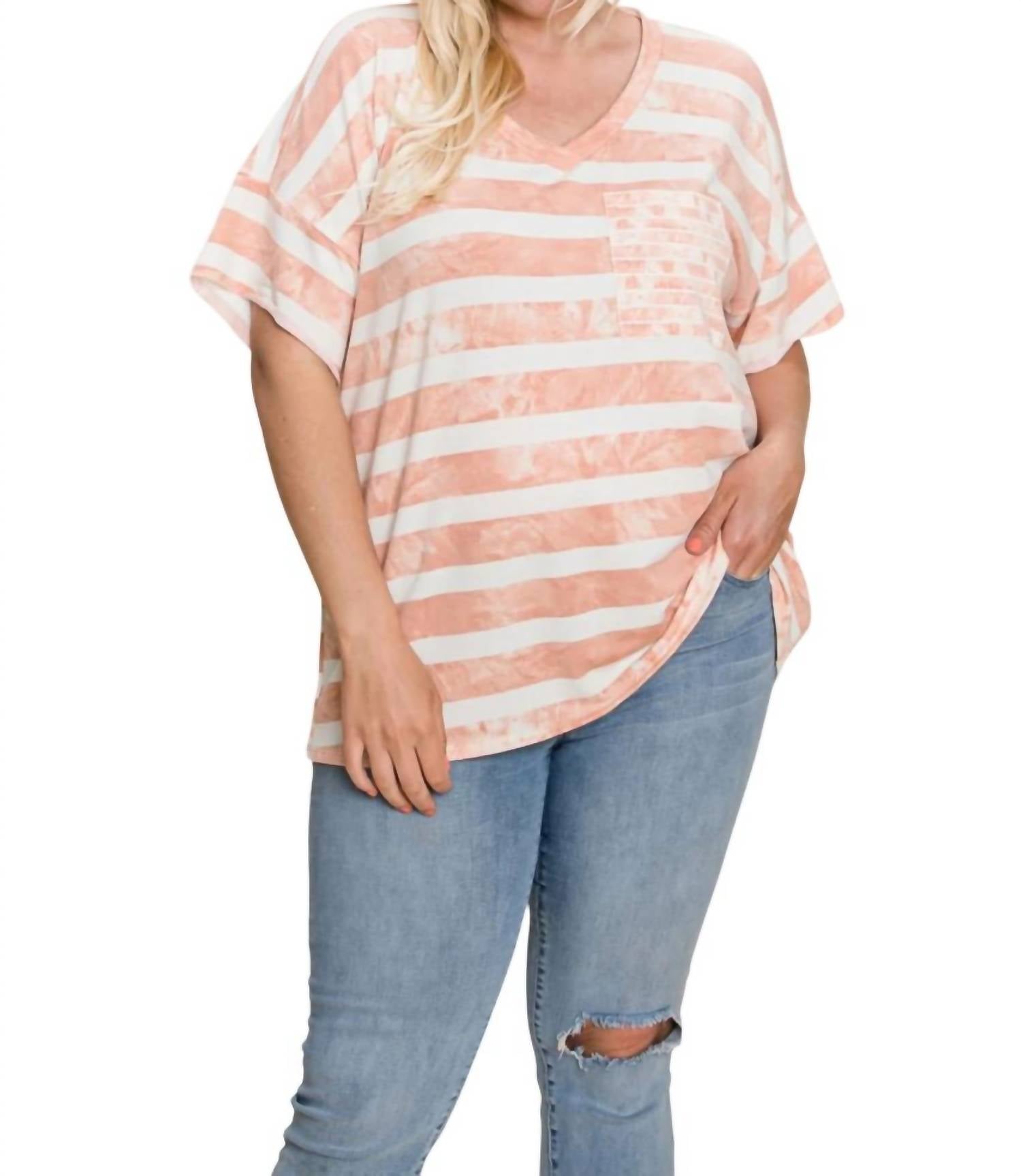 Cotton Bleu - Striped Pocket Top, Rose - Plus - clothing - pink - polyester