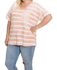 Cotton Bleu - Striped Pocket Top, Rose - Plus - clothing - pink - polyester