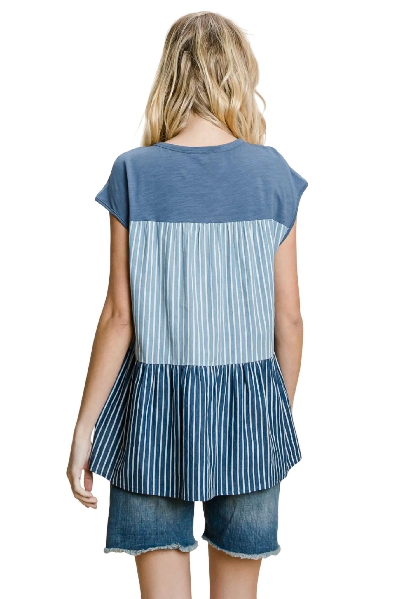 Cotton Bleu - Striped & Tiered Denim Top - blue - clothing - cotton