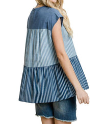 Cotton Bleu - Striped & Tiered Denim Top - blue - clothing - cotton
