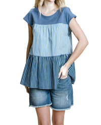Cotton Bleu - Striped & Tiered Denim Top - blue - clothing - cotton