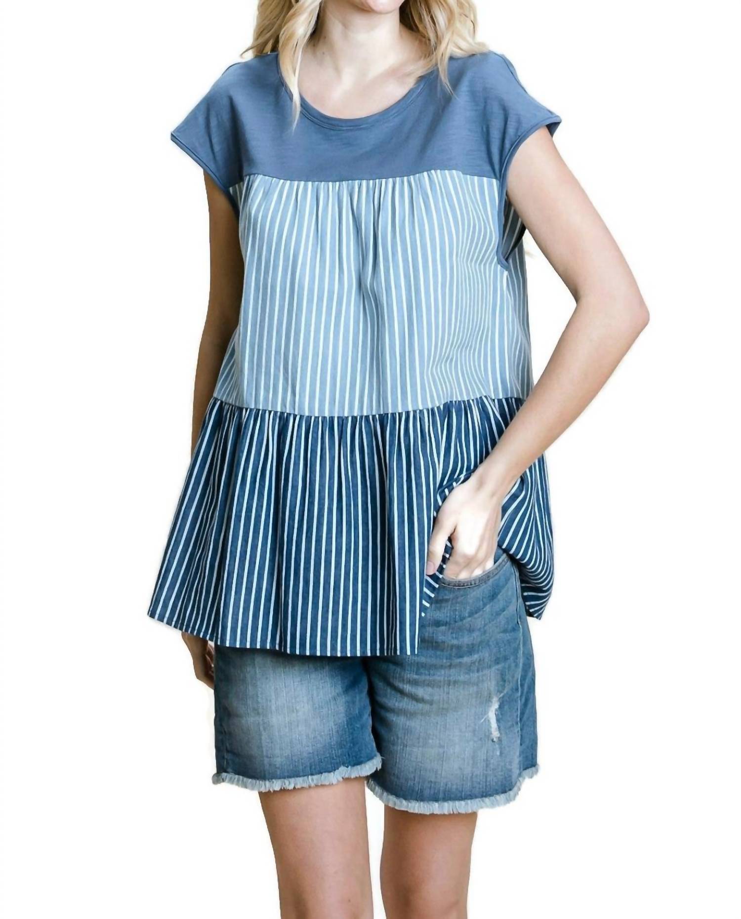 Cotton Bleu - Striped & Tiered Denim Top - blue - clothing - cotton