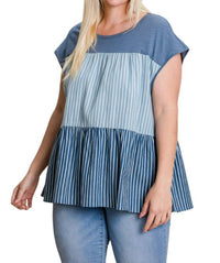 Cotton Bleu - Striped & Tiered Denim Top - blue - clothing - cotton