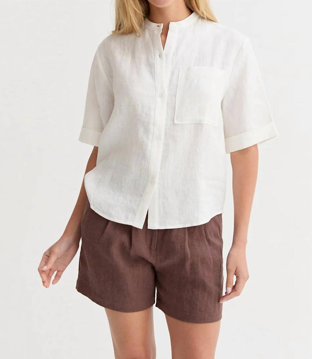 Crescent - Joyce Mandarin Collar Button Up Linen Top