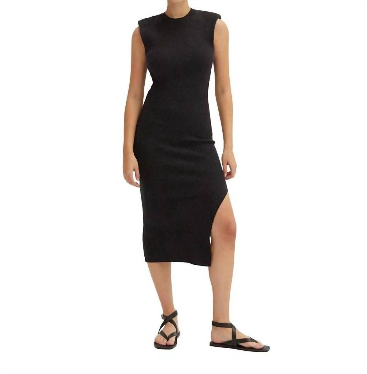 Crescent - Power Shoulder Ribbed Knit Maxi Dress