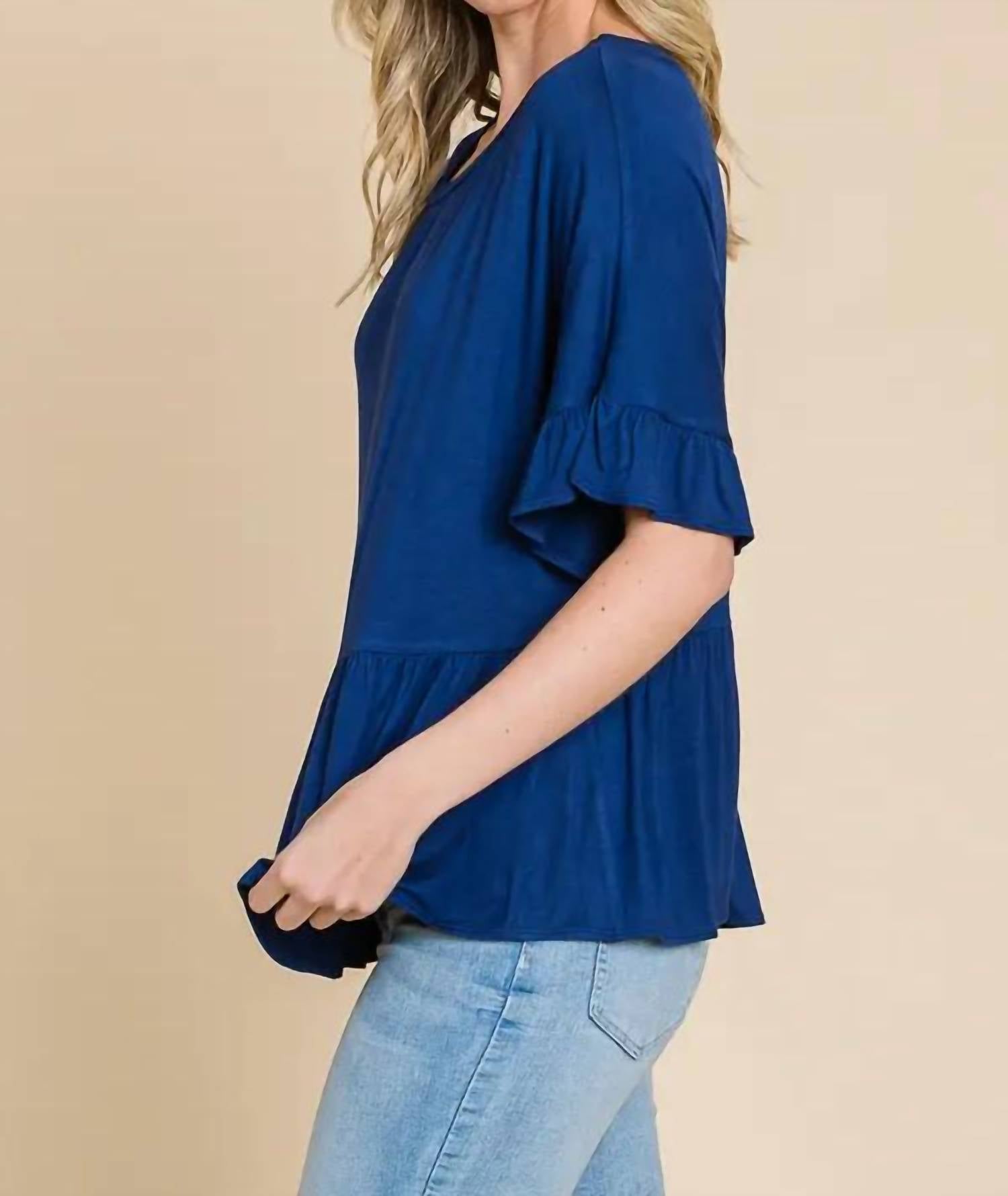 Culture Code - Boat Neck Tiered Ruffle Sleeve Top - blue - clothing - polyester
