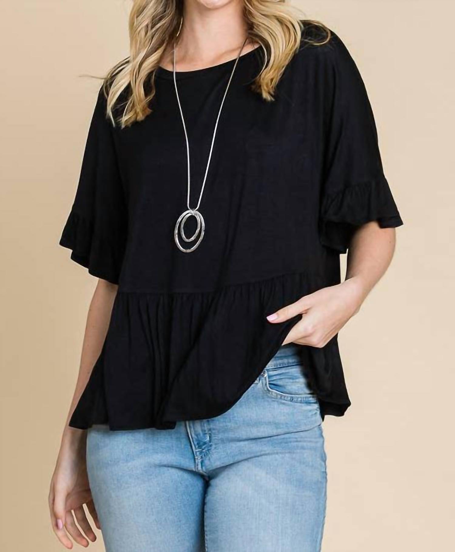 Culture Code - Boat Neck Tiered Ruffle Sleeve Top - black - blouses - clothing