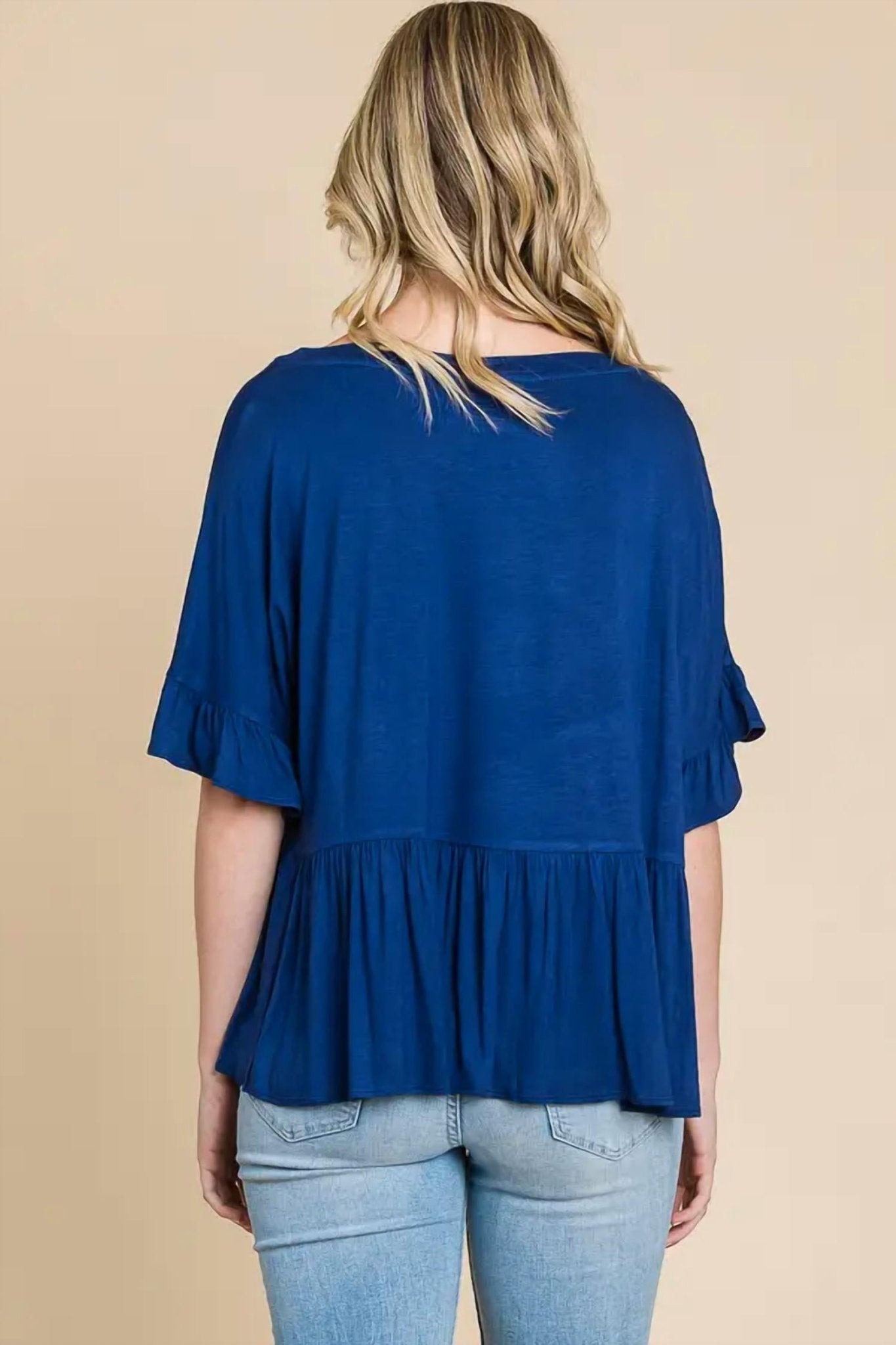 Culture Code - Boat Neck Tiered Ruffle Sleeve Top - blue - clothing - polyester