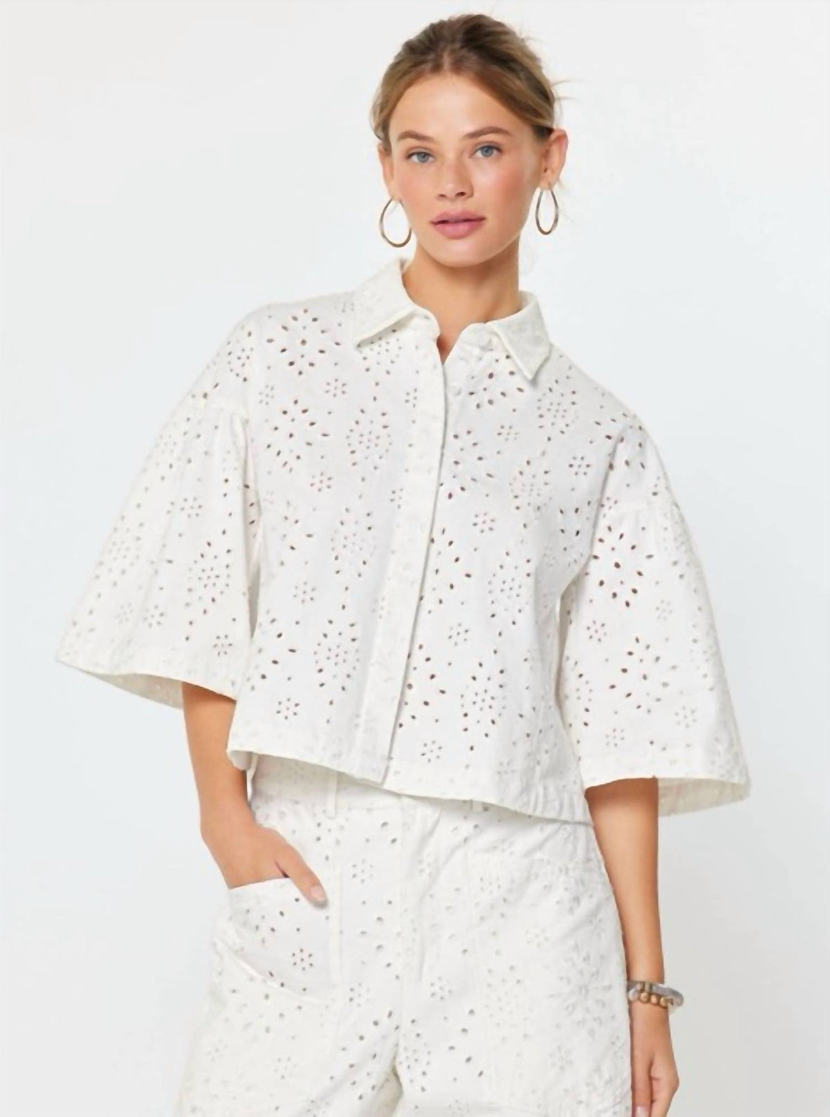 Current Air - Eyelet Cropped Button-down Shirt