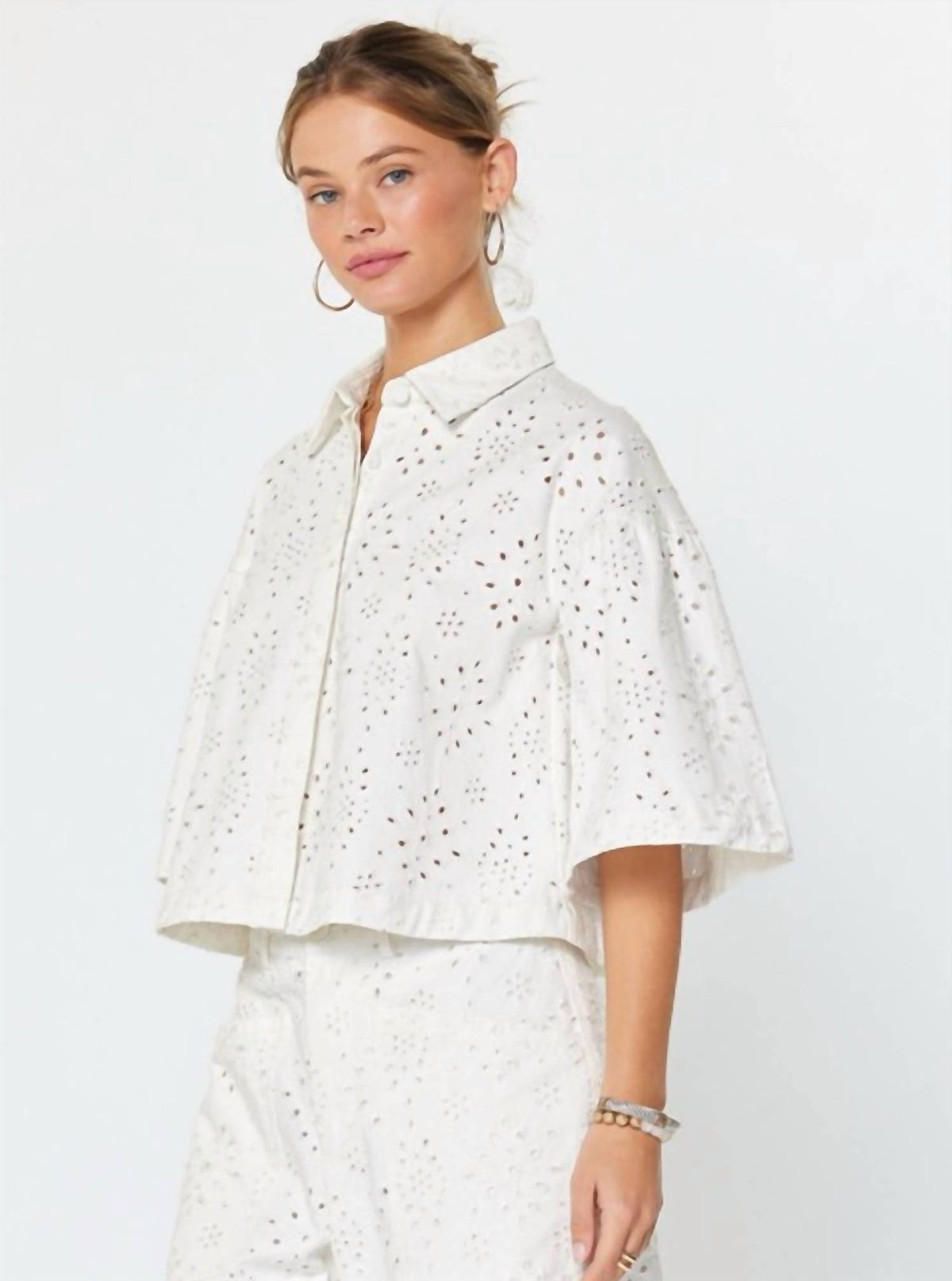 Current Air - Eyelet Cropped Button-down Shirt