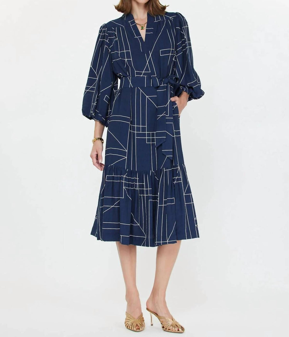 Current Air - Geometric Printed Puff-sleeve Midi Dress