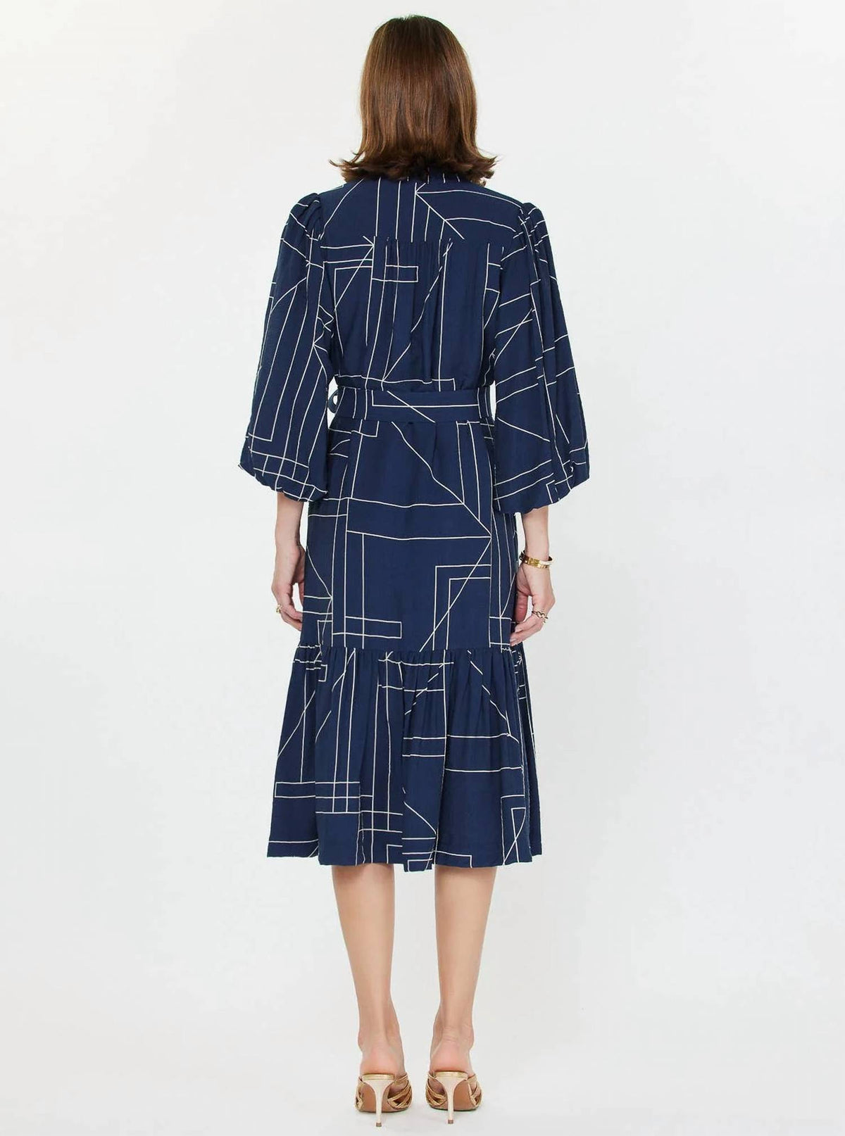 Current Air - Geometric Printed Puff-sleeve Midi Dress