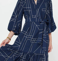 Current Air - Geometric Printed Puff-sleeve Midi Dress