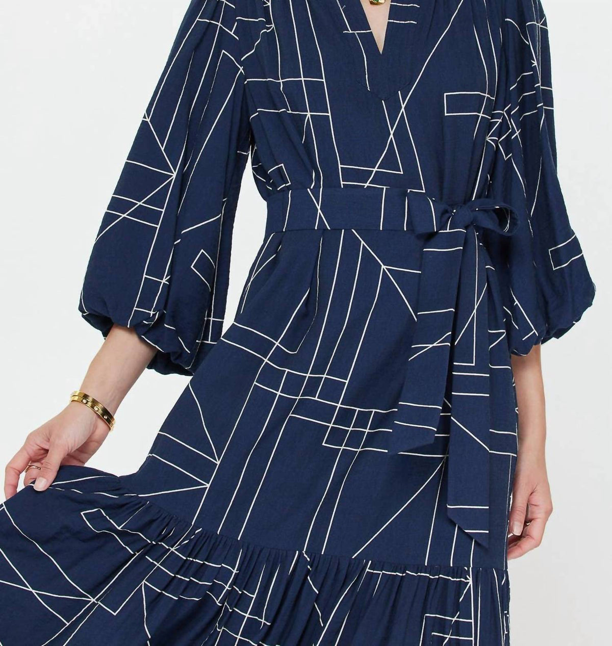 Current Air - Geometric Printed Puff-sleeve Midi Dress