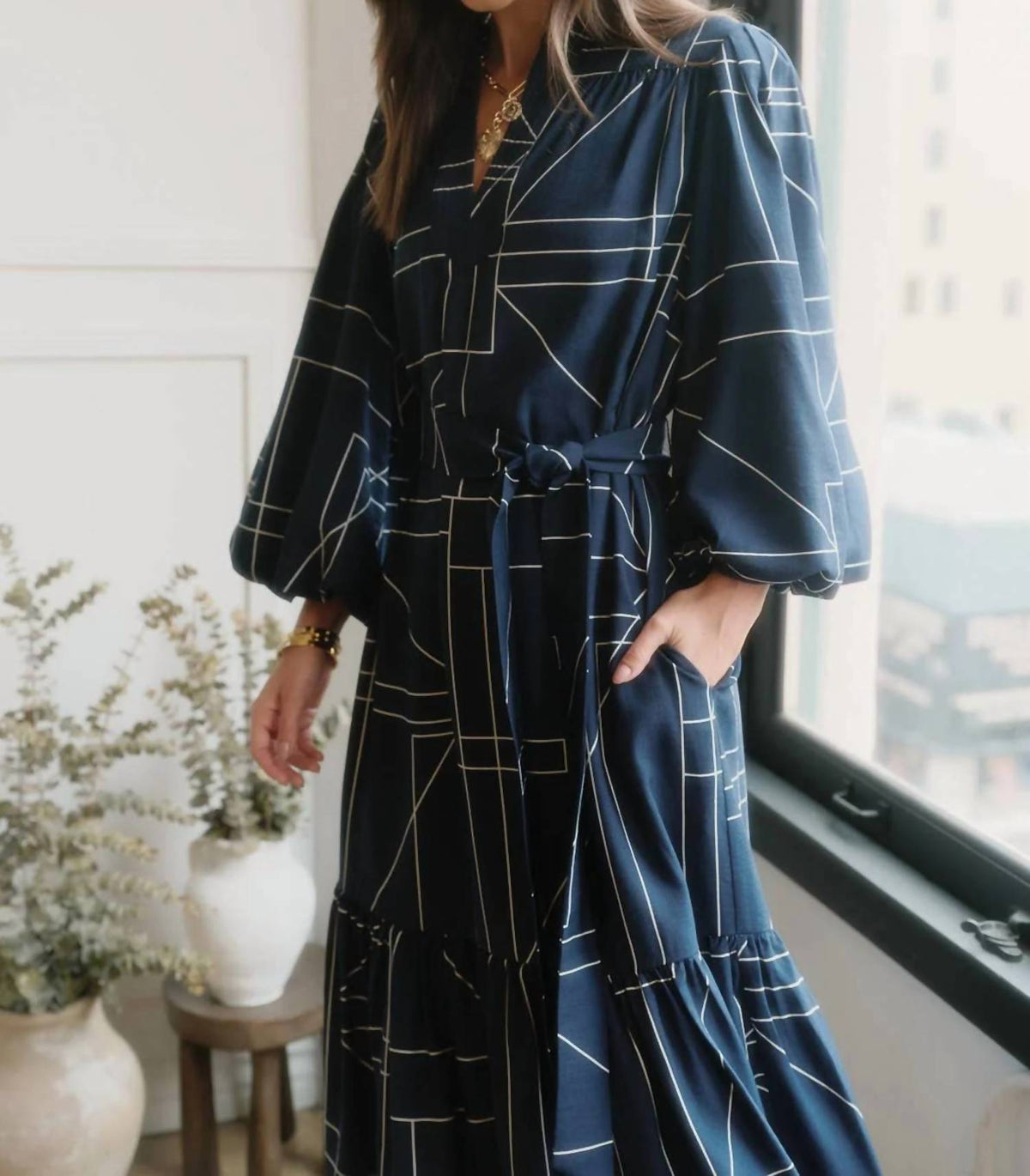Current Air - Geometric Printed Puff-sleeve Midi Dress