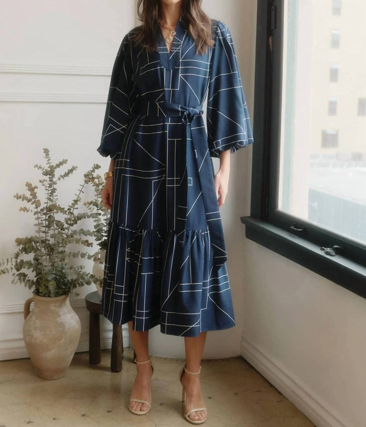 Current Air - Geometric Printed Puff-sleeve Midi Dress