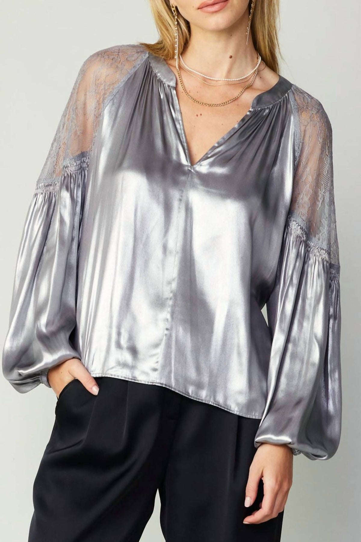 Current Air - Metallic Lace Sleeve Top