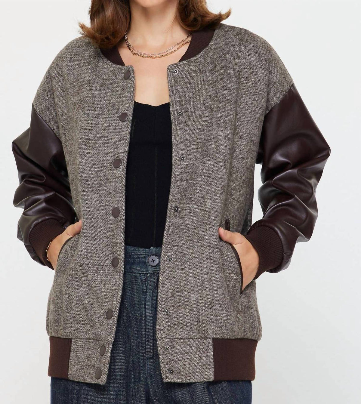 Current Air - Oversized Polyurethane Sleeve And Wool Blend Jacket