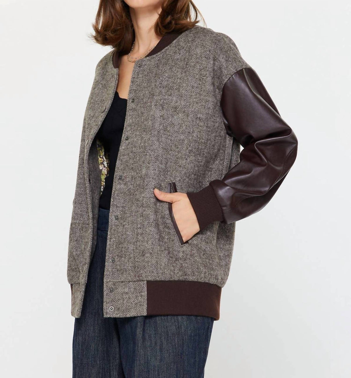 Current Air - Oversized Polyurethane Sleeve And Wool Blend Jacket
