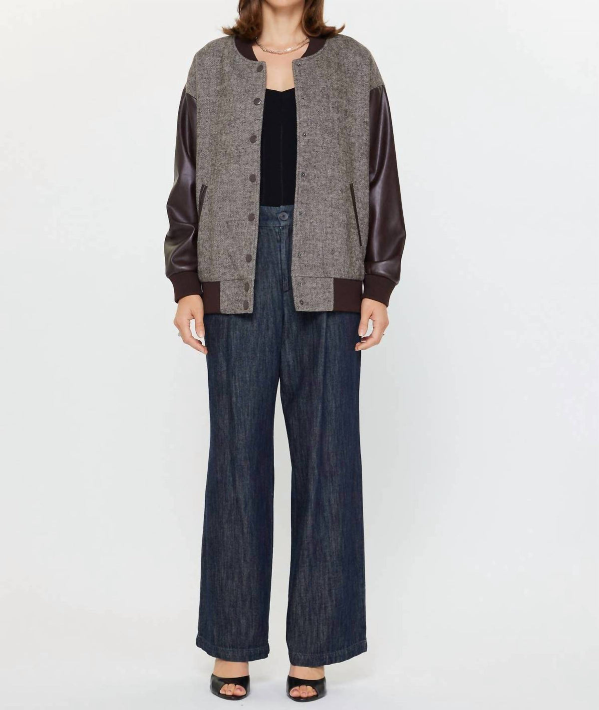 Current Air - Oversized Polyurethane Sleeve And Wool Blend Jacket