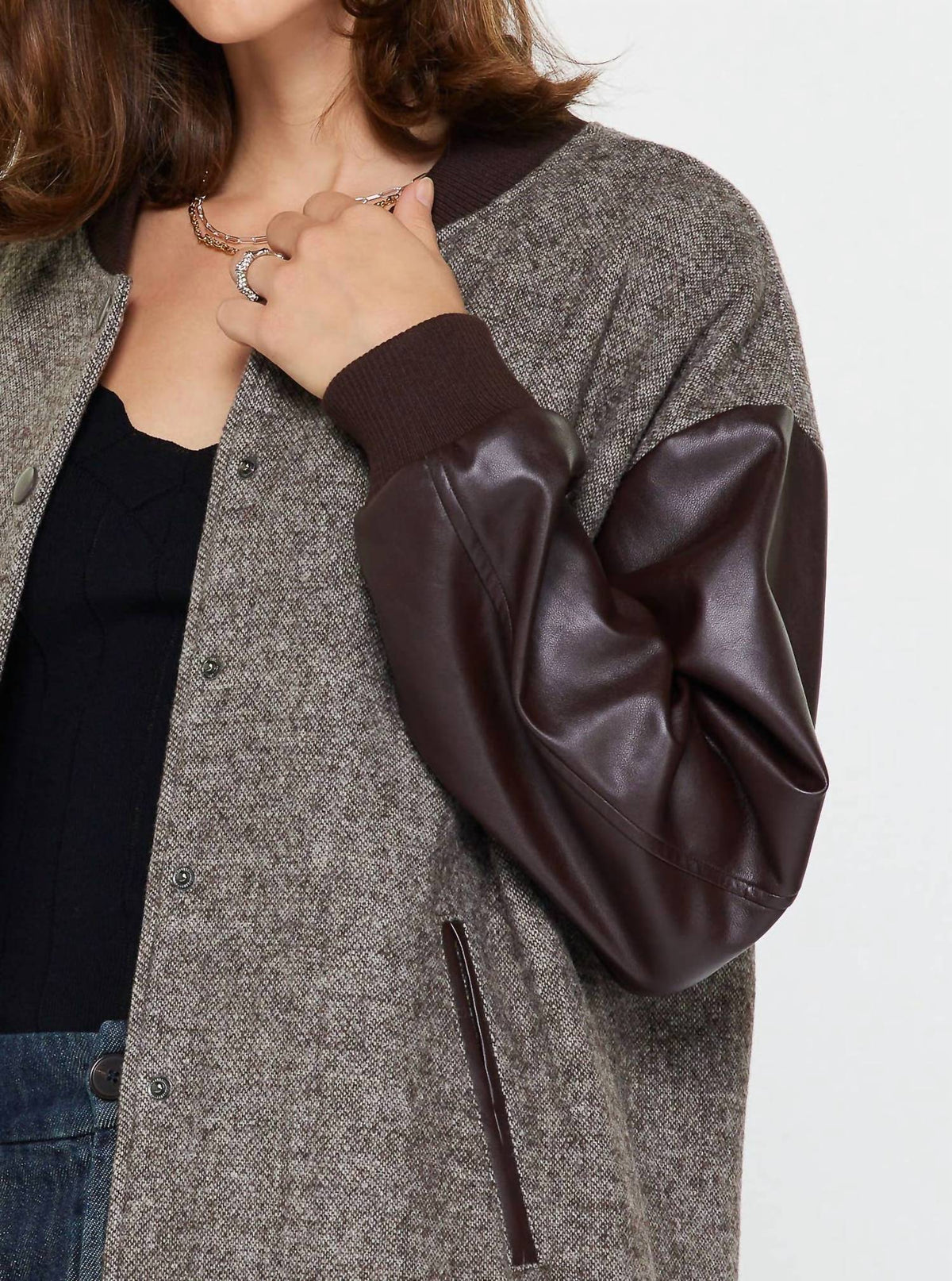 Current Air - Oversized Polyurethane Sleeve And Wool Blend Jacket
