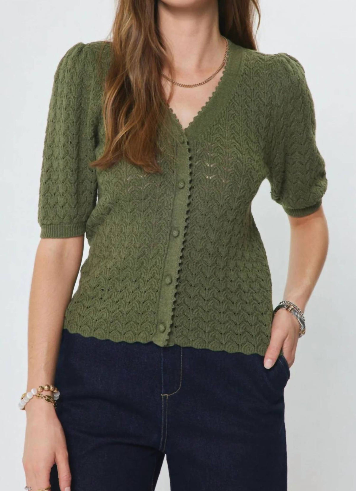 Current Air - Puff Sleeve Scalloped Edge Top