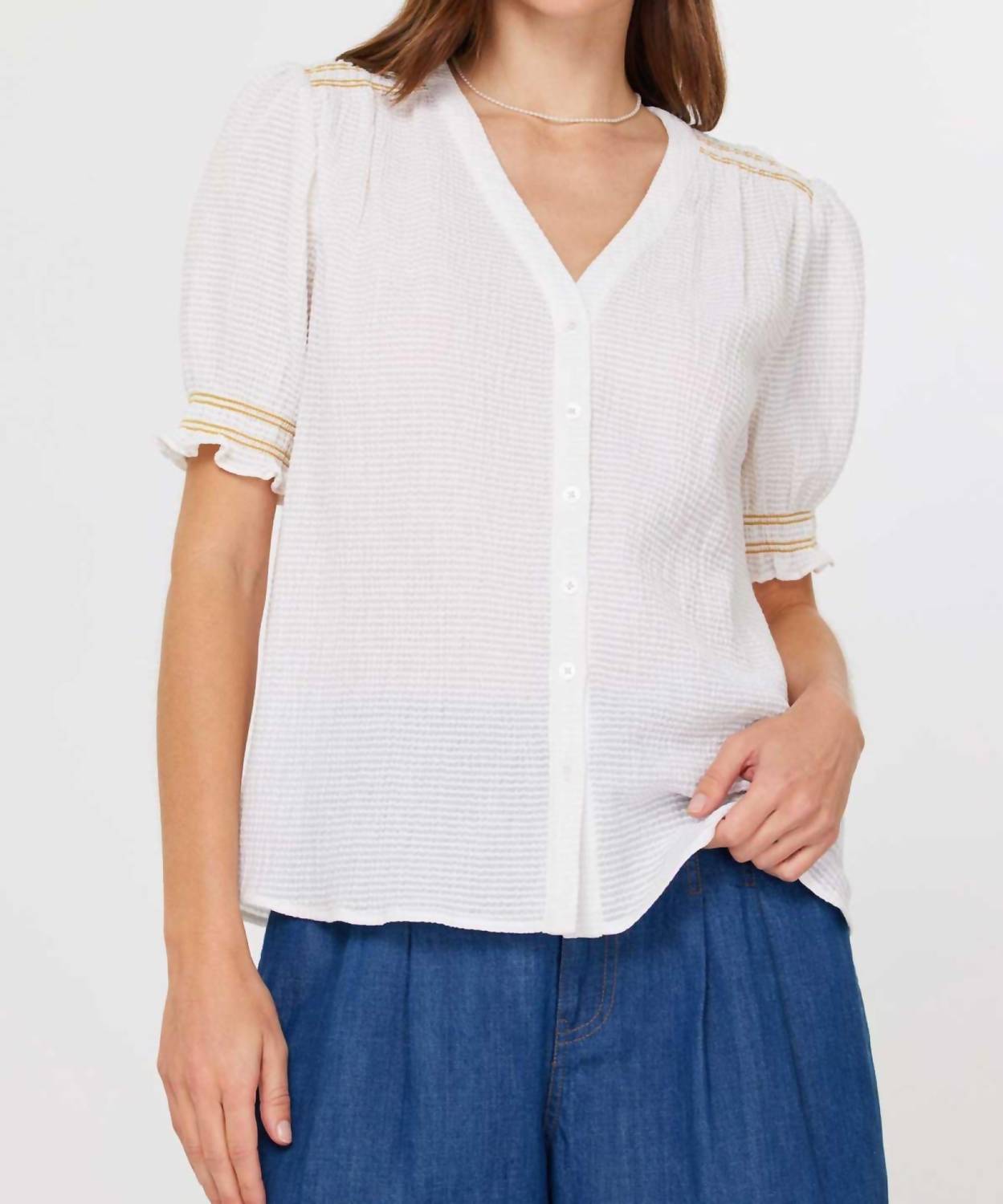 Current Air - Smocked V - neck Blouse - blouses - clothing - shirts