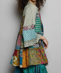 POL One Of A Kind Patch Work Tunic Top in sage green - women's shirt - detail view