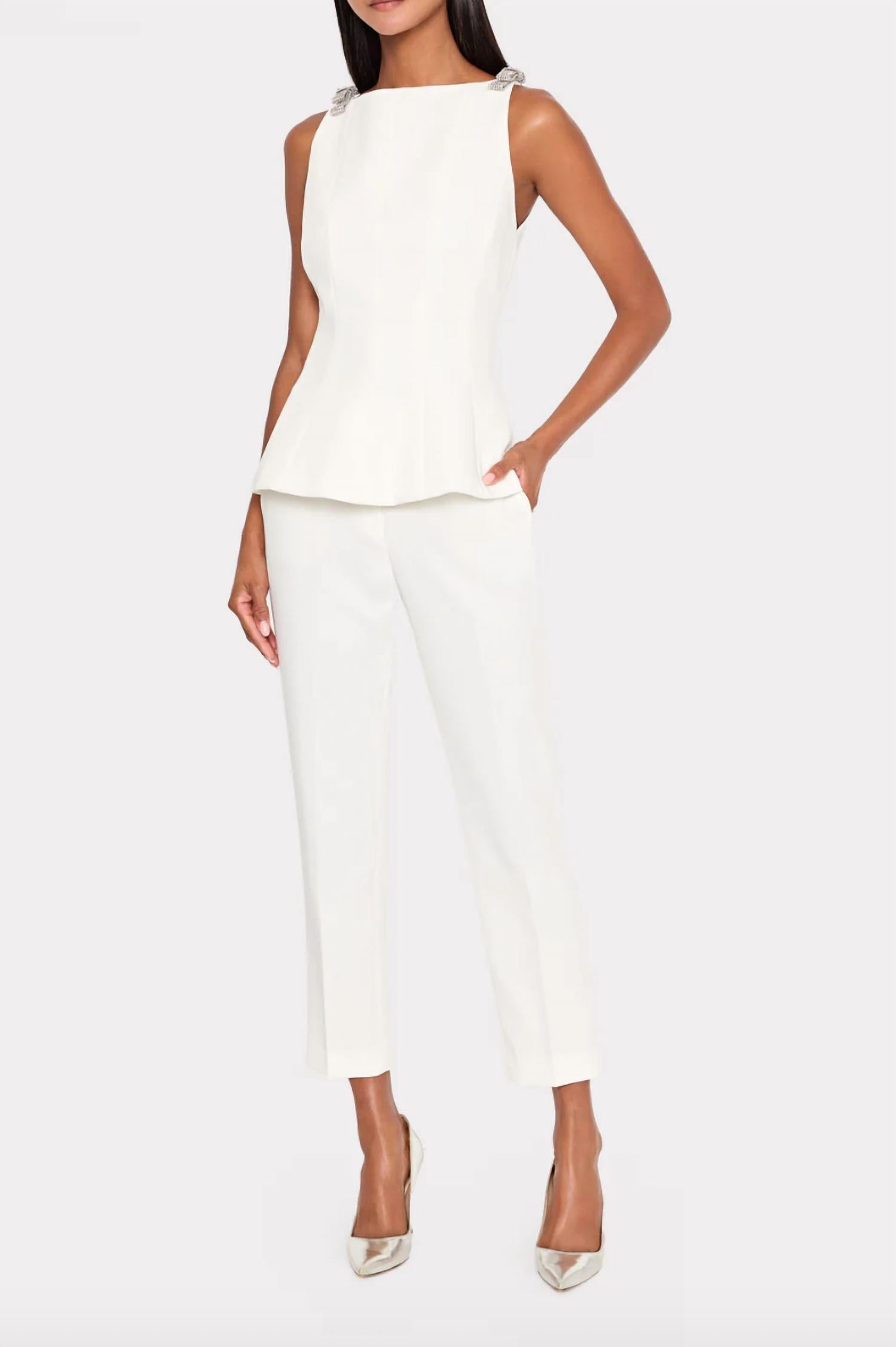 MILLY Ruby Cady Crystal Bow Top in ecru - women's shirt