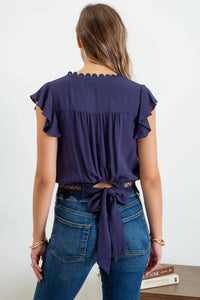 Blu Pepper - Scallop Lace Trim Back Tie Short Sleeve Crop Top