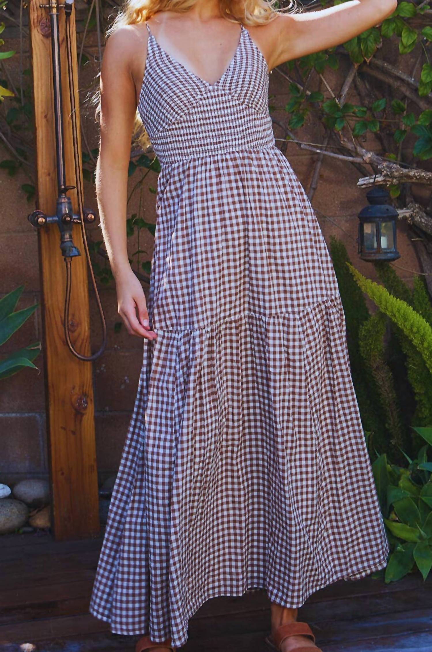BUCKETLIST Driftwood Gingham Smocked Bodice Maxi Dress in brown - women's dress