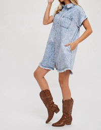 Bluivy - Frayed Hem Denim Shirt Dress