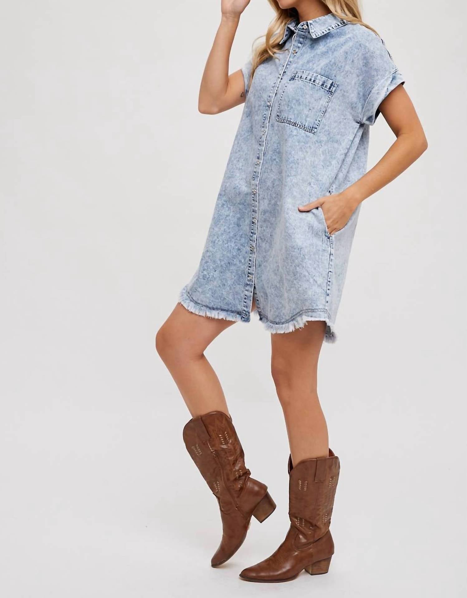 Bluivy - Frayed Hem Denim Shirt Dress