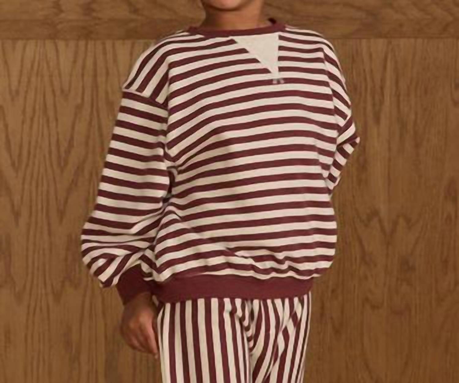 Rylee + Cru Oversized Crew Jogger Set in burgundy stripe - item - detail view