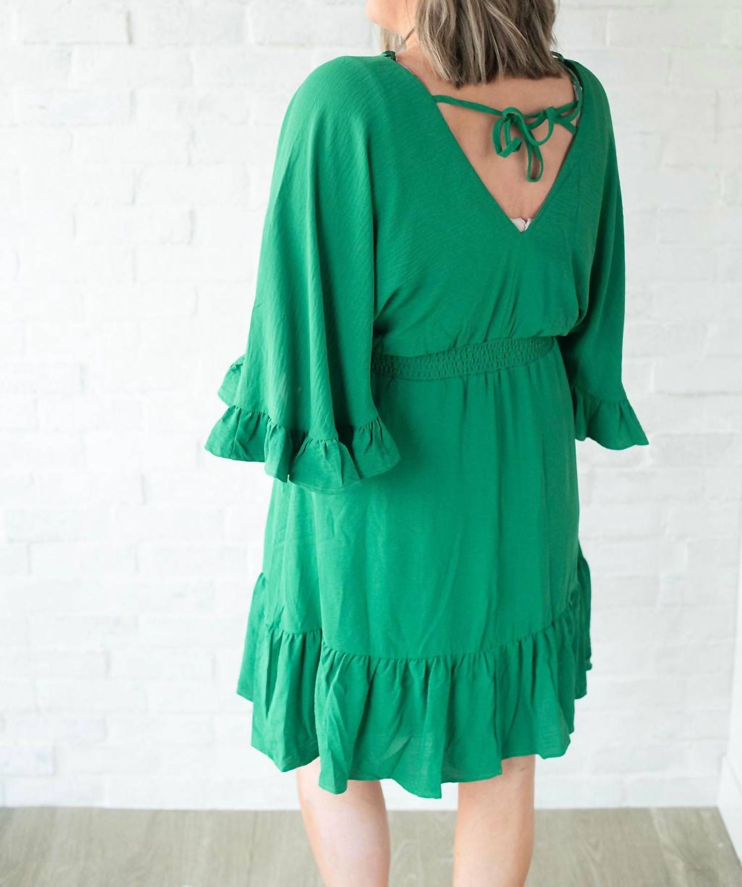SHE + SKY Women's Ruffle Sleeve Dress in green - women's dress - detail view