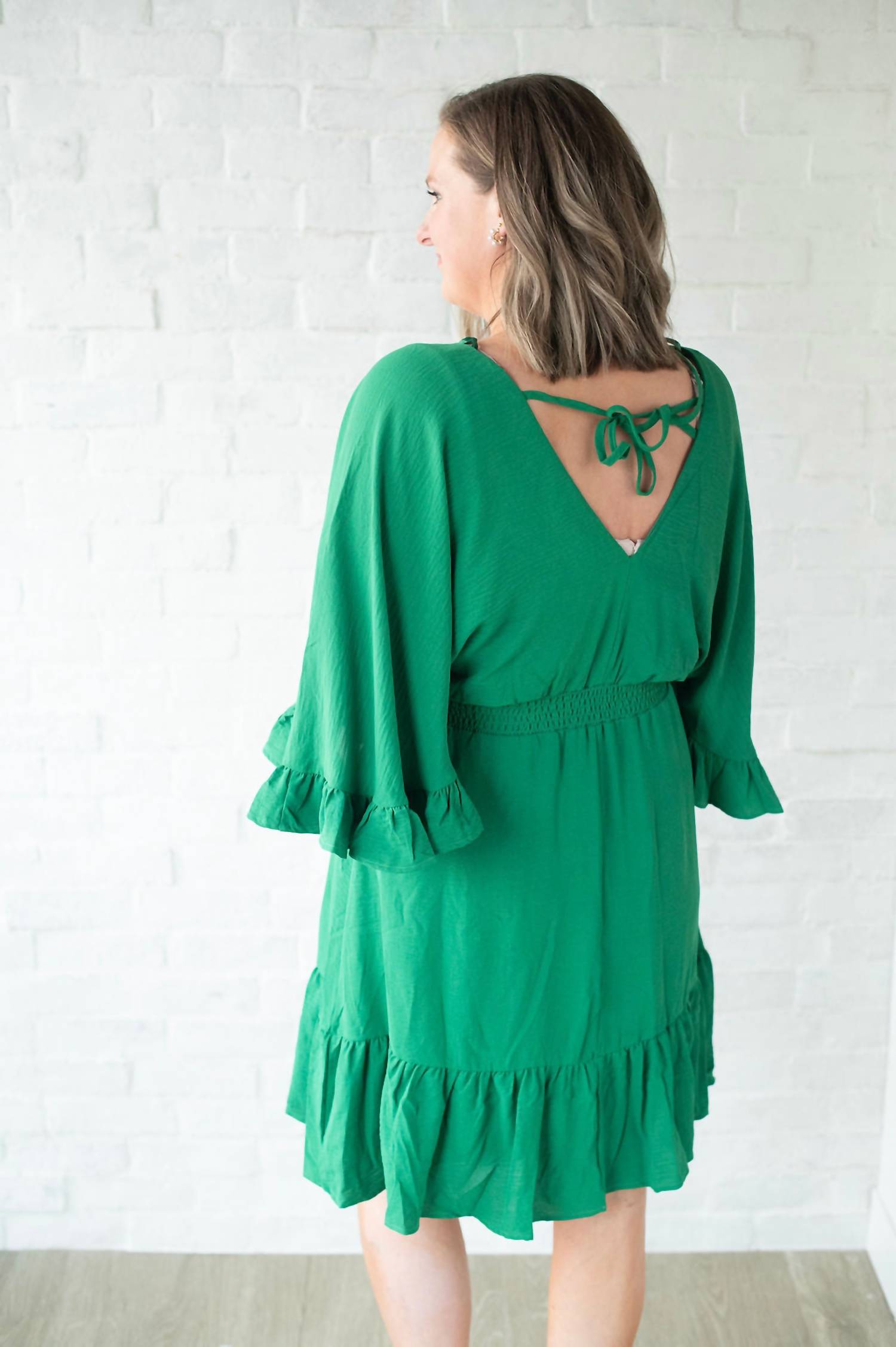 SHE + SKY Women's Ruffle Sleeve Dress in green - women's dress - alternate view