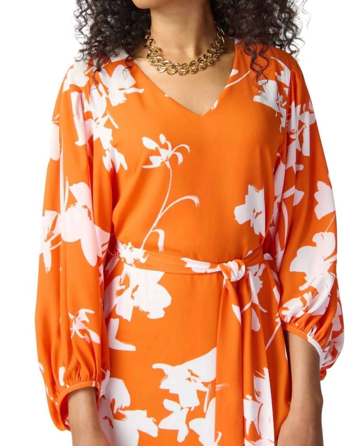 Joseph Ribkoff Floral V Neck Dress in mandarin vanilla - women's dress - alternate view