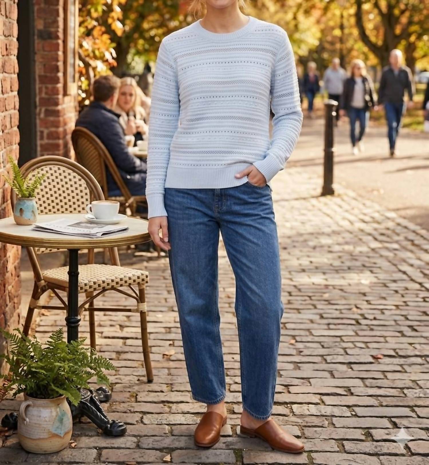 Brodie Cashmere Taylor Textured Crew Neck Cashmere Pullover in willow - women's sweater - detail view