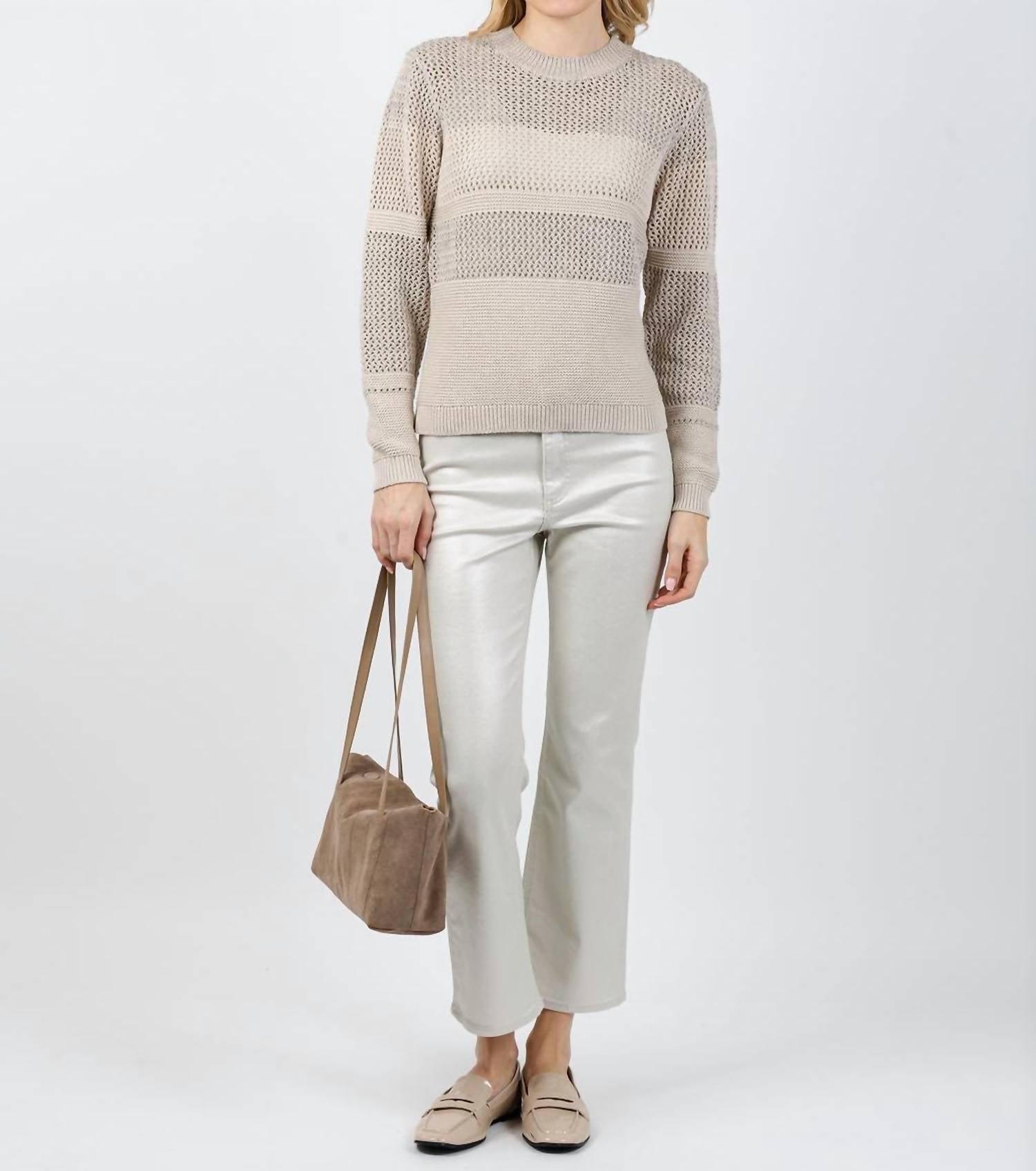Kinross Mixed Stitch Lurex Crew Sweater in dune - women's sweater - detail view