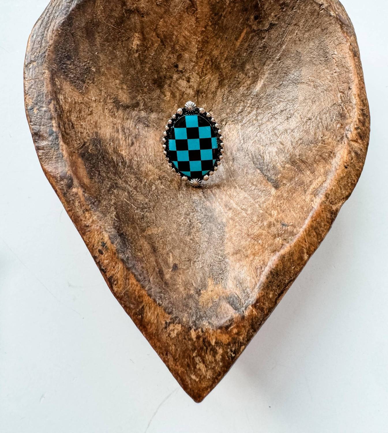 Boho Ranch Women's Checkered Oval Cuff Ring in black turquoise - women's jewelry