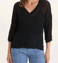 Xcvi - V-Neck Micro-Pleat 3/4-Sleeve Crinkle Top
